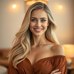 A stunning 35-year-old woman with European features and flowing blond hair, styled elegantly