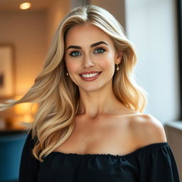 A stunning 35-year-old woman with European features and flowing blond hair, styled elegantly