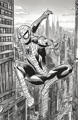 Coloring book page of Spider-Man mid-swing against a New York cityscape background.