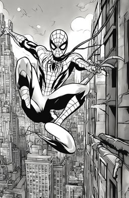 Coloring book page of Spider-Man mid-swing against a New York cityscape background.