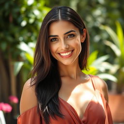 A beautiful 35-year-old woman with Portuguese features, displaying her natural charm and elegance