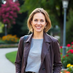 A full-length portrait of a charming 38-year-old Polish woman, with light skin and a friendly smile