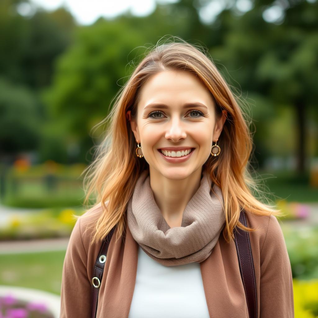 A full-length portrait of a charming 38-year-old Polish woman, with light skin and a friendly smile