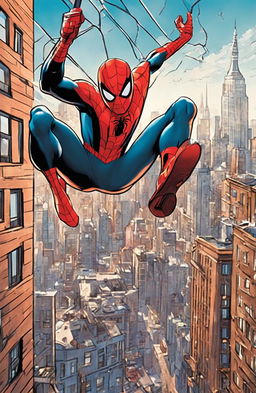 Coloring book page of Spider-Man mid-swing against a New York cityscape background.