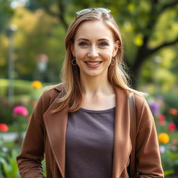 A full-length portrait of a charming 38-year-old Polish woman, with light skin and a friendly smile