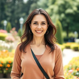 A full-length portrait of a charming 38-year-old Polish woman, with light skin and a friendly smile