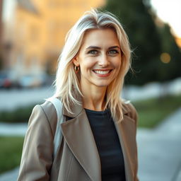 A full-length portrait of a charming 38-year-old woman from Poland, featuring light-colored hair