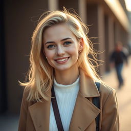 A full-length portrait of a charming 38-year-old woman from Poland, featuring light-colored hair