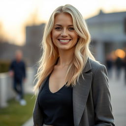 A full-length portrait of a charming 38-year-old woman from Poland, featuring light-colored hair