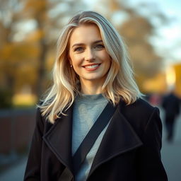 A full-length portrait of a charming 38-year-old woman from Poland, featuring light-colored hair