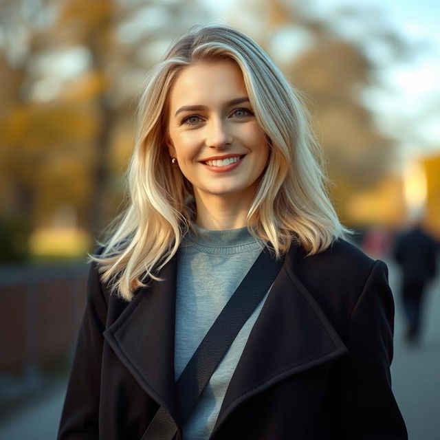 A full-length portrait of a charming 38-year-old woman from Poland, featuring light-colored hair