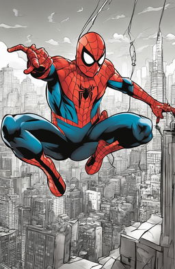 Coloring book page of Spider-Man mid-swing against a New York cityscape background.