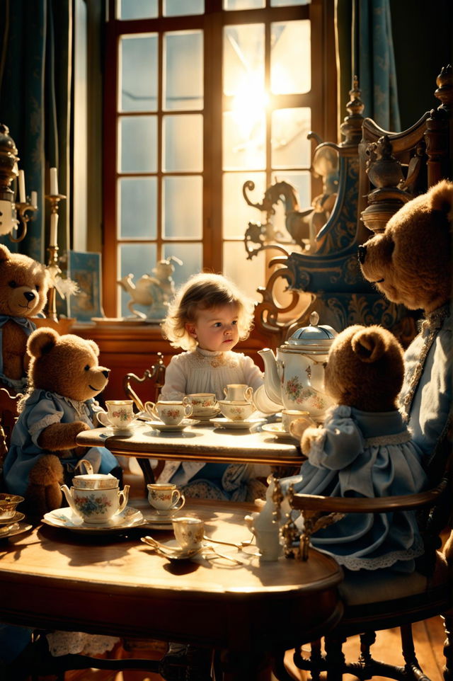 Zoomed out Victorian-era scene with golden hour light through window, ornate rocking horse in foreground, antique tea set on noblechild's table, teddy bears and happy child in baby blue dress helping teddy bear sip tea