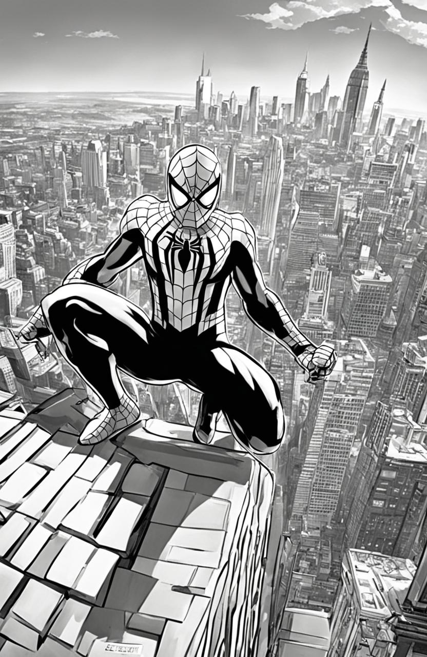 Marvel-style coloring page featuring Spider-Man crouched on a skyscraper's rooftop overlooking a cityscape.