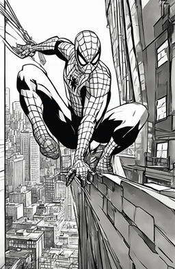 Marvel-style coloring page featuring Spider-Man crouched on a skyscraper's rooftop overlooking a cityscape.