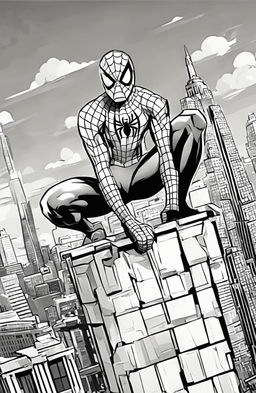 Marvel-style coloring page featuring Spider-Man crouched on a skyscraper's rooftop overlooking a cityscape.