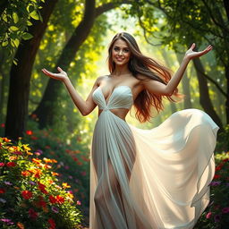 A stunning woman standing confidently, featuring three graceful arms elegantly positioned around her