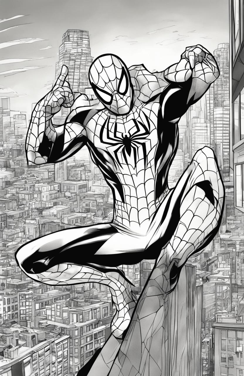 Marvel-style coloring page featuring Spider-Man crouched on a skyscraper's rooftop overlooking a cityscape.