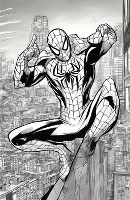 Marvel-style coloring page featuring Spider-Man crouched on a skyscraper's rooftop overlooking a cityscape.