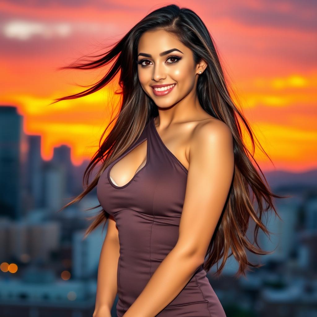 A stunning, attractive young woman with long flowing hair, wearing a stylish, form-fitting dress that highlights her curves