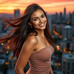 A stunning, attractive young woman with long flowing hair, wearing a stylish, form-fitting dress that highlights her curves