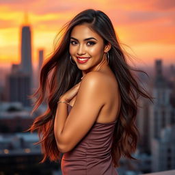 A stunning, attractive young woman with long flowing hair, wearing a stylish, form-fitting dress that highlights her curves
