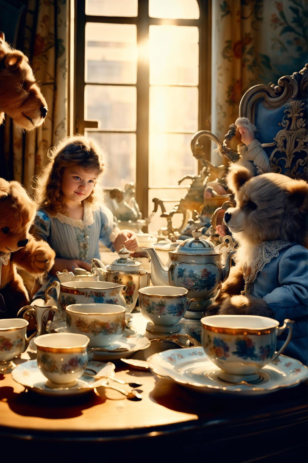 Cinematic HD photography of Victorian-era scene with golden hour light, ornate rocking horse, antique tea set on noblechild's table, teddy bears and happy child in baby blue dress helping teddy bear sip tea