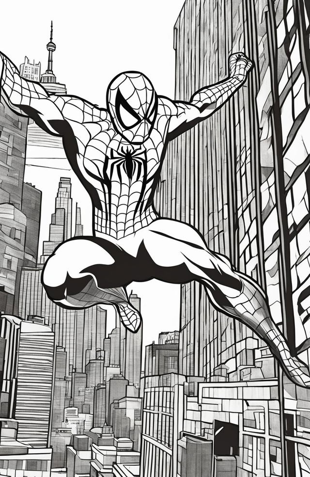 Coloring book page featuring Spiderman mid-leap against a New York cityscape backdrop.