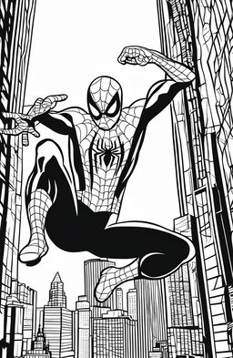 Coloring book page featuring Spiderman mid-leap against a New York cityscape backdrop.