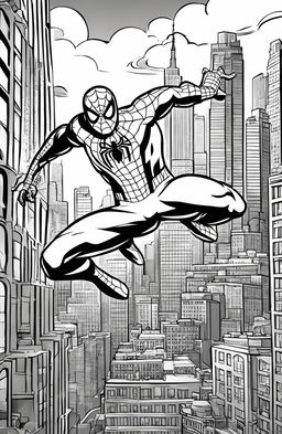 Coloring book page featuring Spiderman mid-leap against a New York cityscape backdrop.