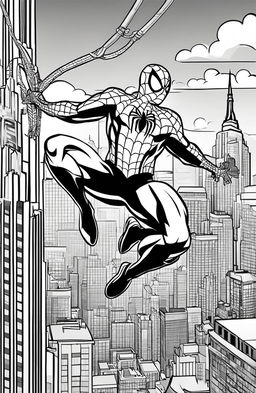 Coloring book page featuring Spiderman mid-leap against a New York cityscape backdrop.