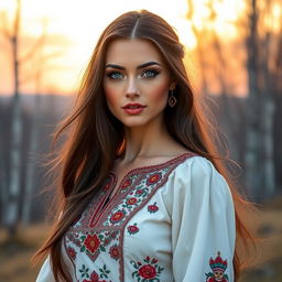 A stunning Russian woman with long flowing dark hair, sharp facial features, and captivating green eyes