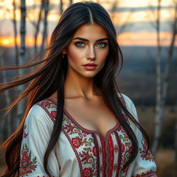 A stunning Russian woman with long flowing dark hair, sharp facial features, and captivating green eyes