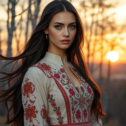 A stunning Russian woman with long flowing dark hair, sharp facial features, and captivating green eyes