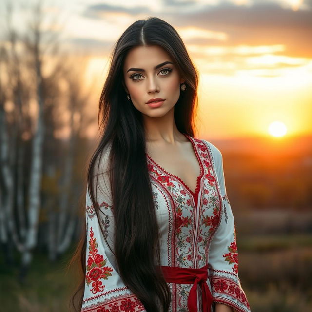 A stunning Russian woman with long flowing dark hair, sharp facial features, and captivating green eyes