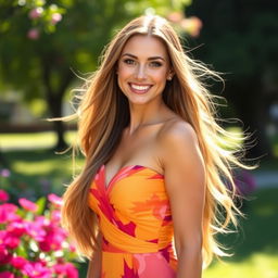 A stunningly beautiful real woman with long flowing hair, wearing a vibrant, elegant dress that accentuates her figure