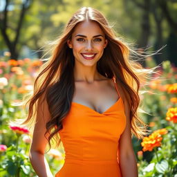 A stunningly beautiful real woman with long flowing hair, wearing a vibrant, elegant dress that accentuates her figure