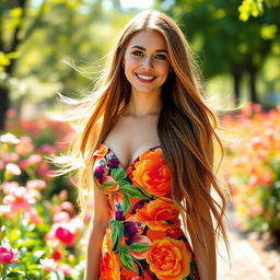 A stunningly beautiful real woman with long flowing hair, wearing a vibrant, elegant dress that accentuates her figure