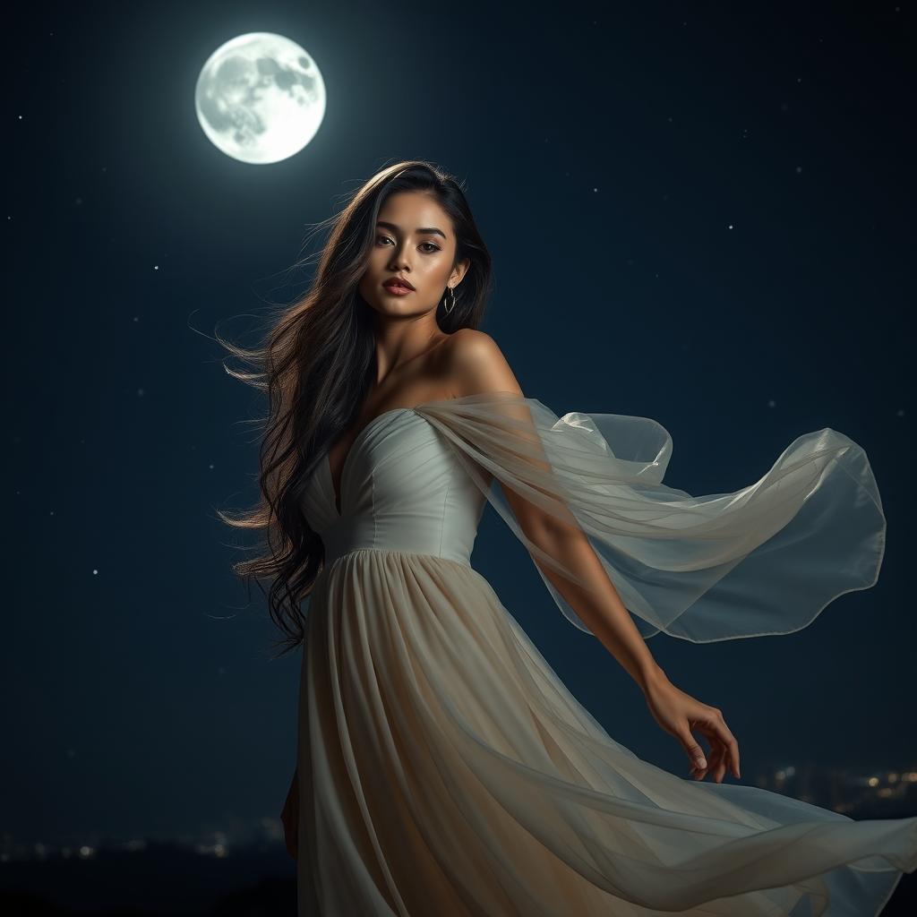 A stunningly beautiful real woman standing gracefully at night under a starry sky, wearing an elegant flowing dress that catches the moonlight