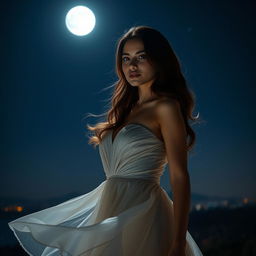 A stunningly beautiful real woman standing gracefully at night under a starry sky, wearing an elegant flowing dress that catches the moonlight