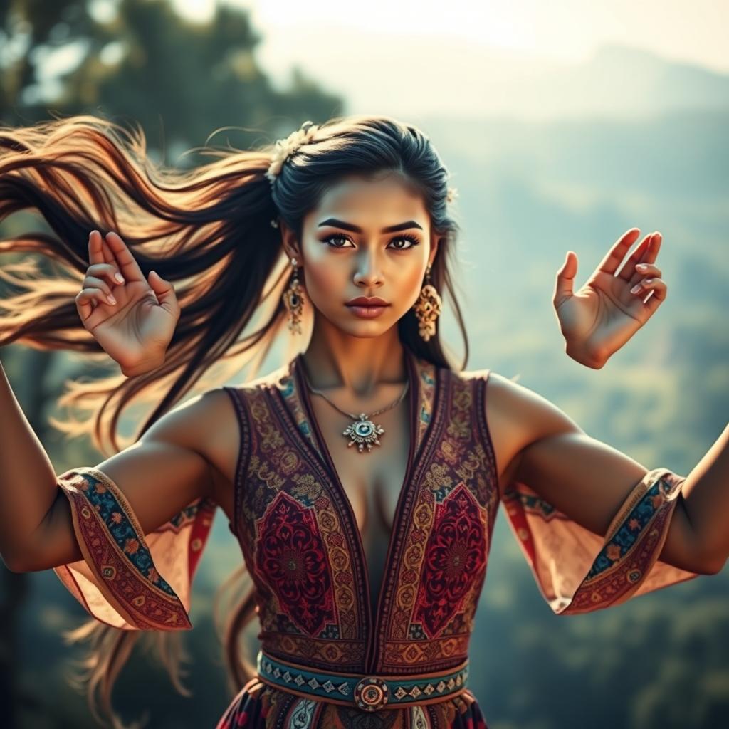 A striking and unique portrait of a woman with three arms, showcasing her confidence and grace
