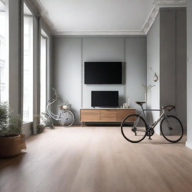 Modern-ish French apartment with high ceilings: greige walls, a white ceiling, and wooden flooring