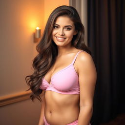 A curvy young woman wearing a pink bra, highlighting her figure in a playful and stylish way