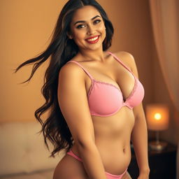 A curvy young woman wearing a pink bra, highlighting her figure in a playful and stylish way