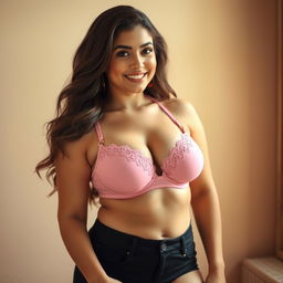 A curvy young woman wearing a pink bra, highlighting her figure in a playful and stylish way
