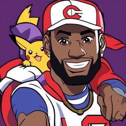 Close-up of LeBron James as a Pokémon trainer in Pokémon Red style, wearing Ash Ketchum's cap with Lakers logo and carrying a Poké Ball