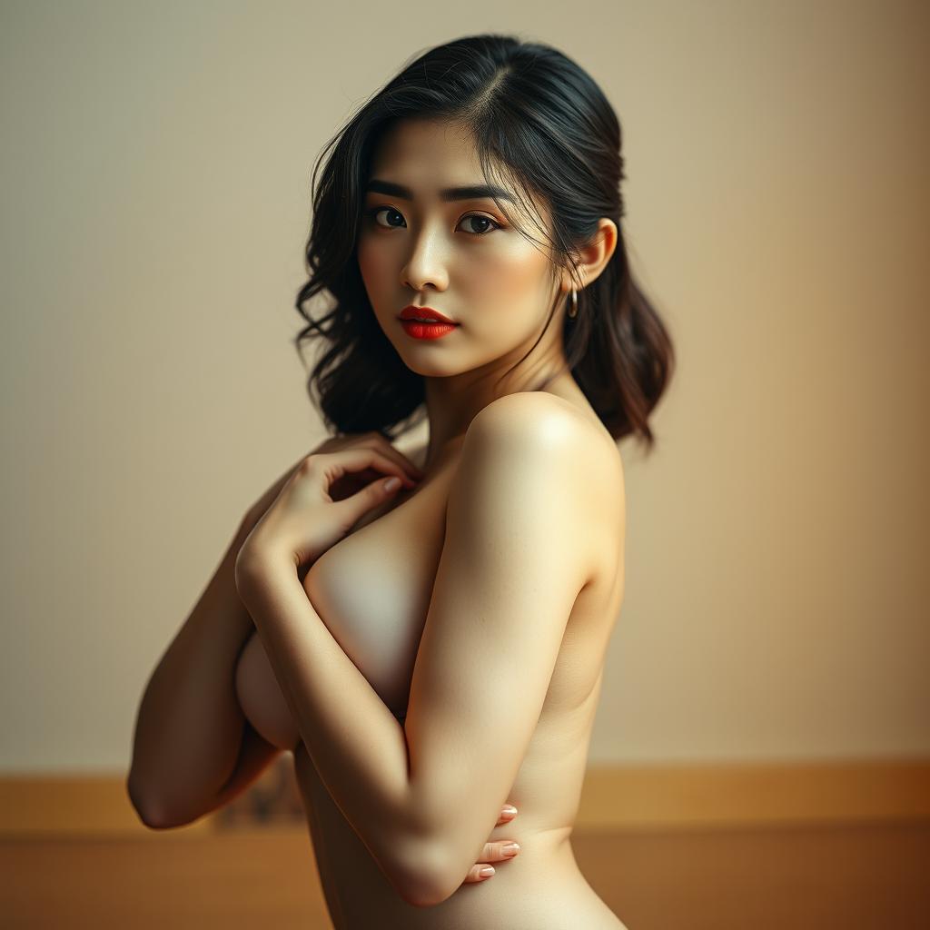 A beautiful Japanese woman with large breasts, posing elegantly in an artistic and tasteful manner, celebrating the human form