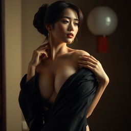 A beautiful Japanese woman with large breasts, posing elegantly in an artistic and tasteful manner, celebrating the human form