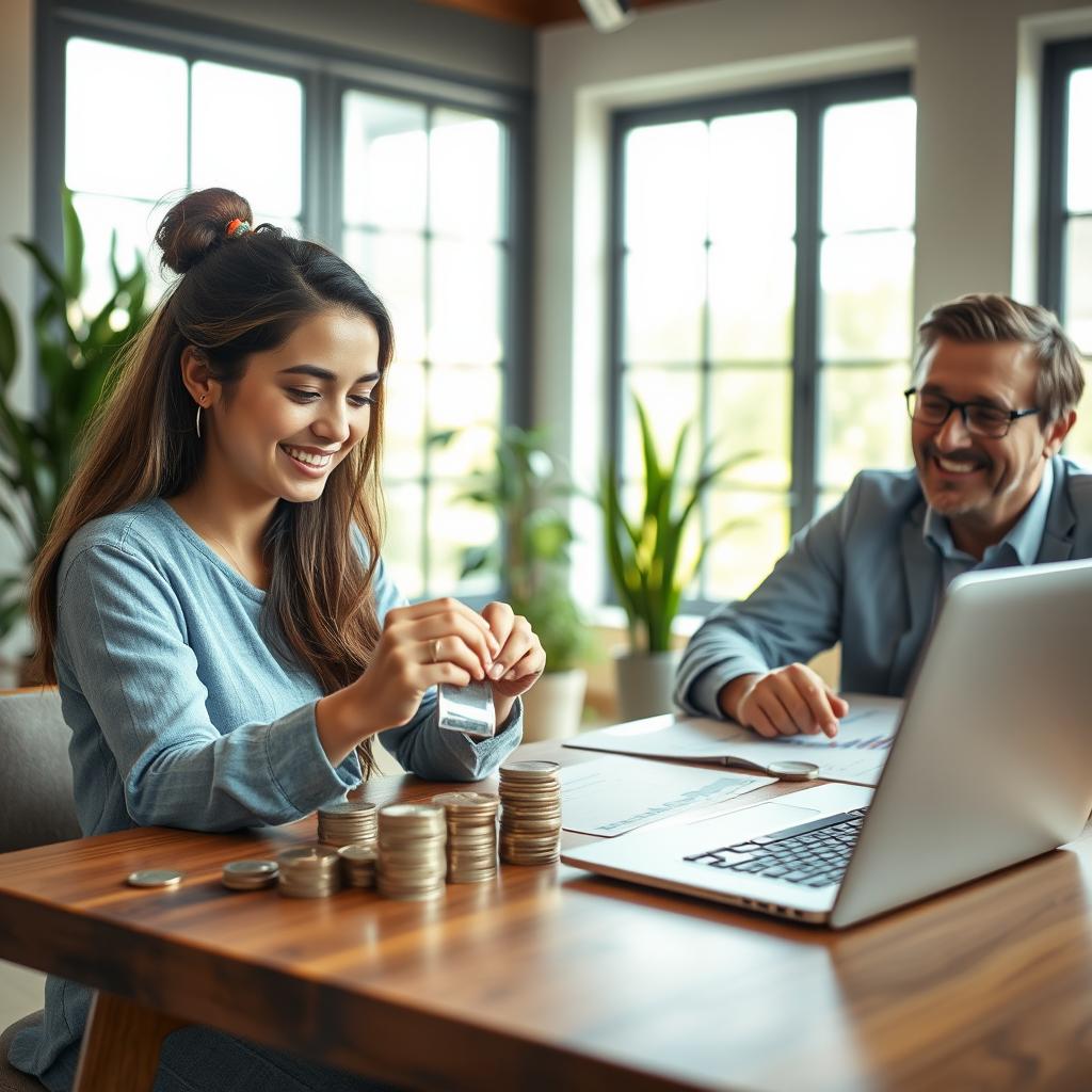 A young person, a young adult female, sitting at a stylish wooden table, smiling while counting coins and stacking paper bills in front of her, symbolizing saving money for the future