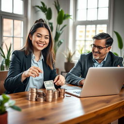 A young person, a young adult female, sitting at a stylish wooden table, smiling while counting coins and stacking paper bills in front of her, symbolizing saving money for the future